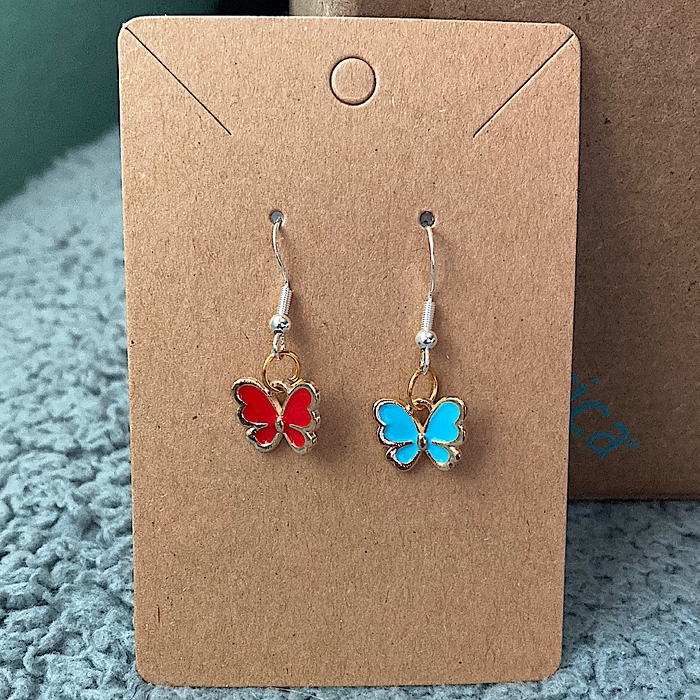 Blue and red butterfly earrings